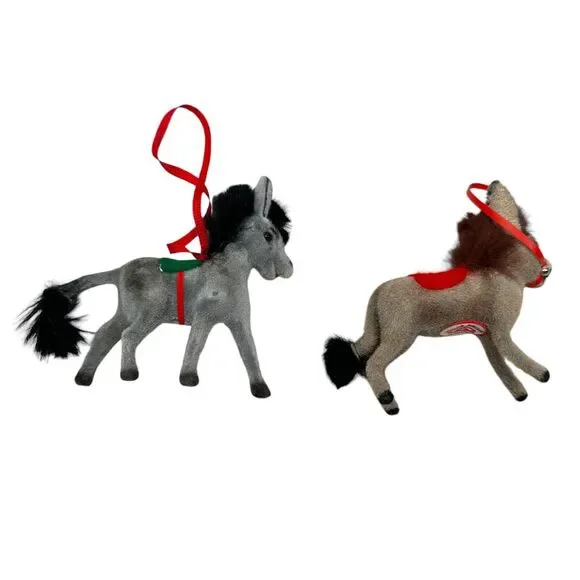 Vintage Wagner Deko Flocked Miniature Donkey Animal Holiday Ornaments Lot of 2